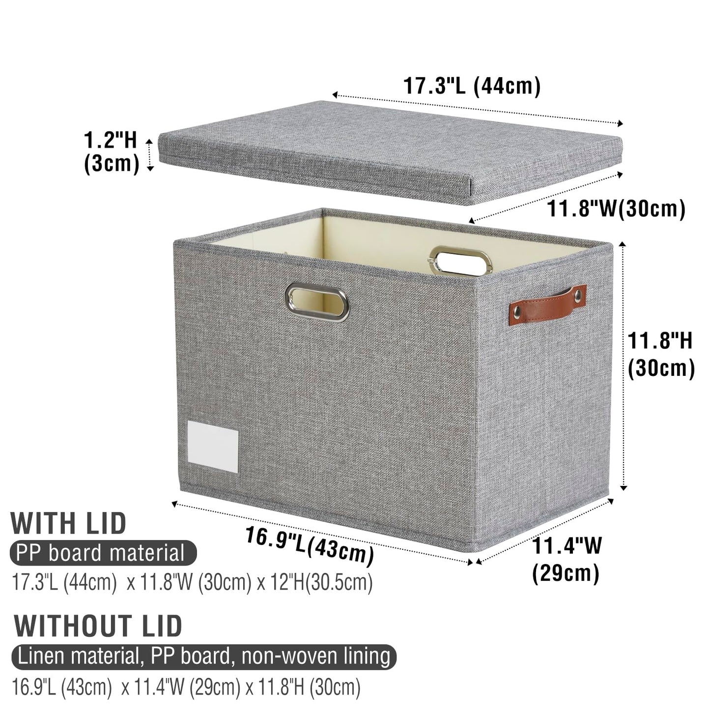Roobyl 17" Large Collapsible Storage Bins with Lids, Stackable Closet Organizers with PU Handle and Labels, 3-Pack Decorative Fabric Storage Boxes for Home, Bedroom, Closet, Office, Nursery(Gray)