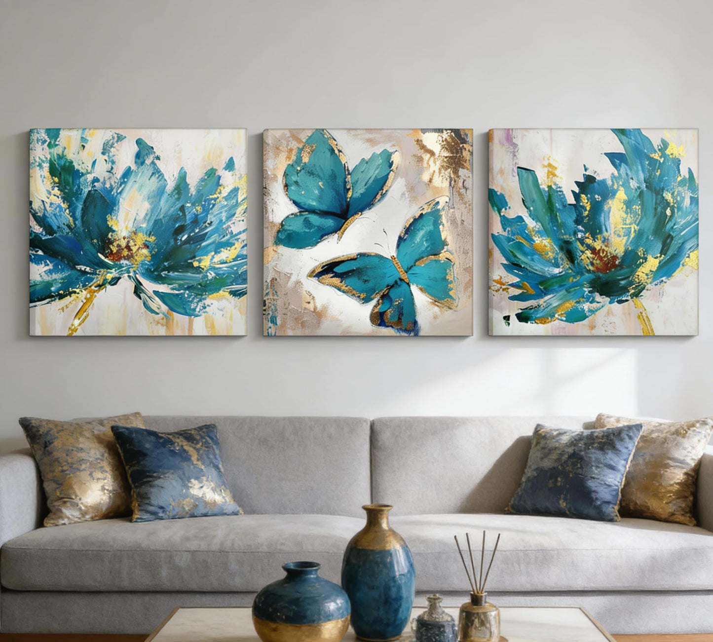 Abstract Blue and Gold Floral Canvas Wall Art Set of 3, with Gold Foil Outline, Stretched and Framed Canvas Artwork with Hanging Hooks & Nails, Modern Wall Decor for Living Room Bedroom Bathroom