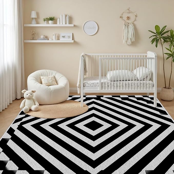 Black and White Rug 4x5, Checkered Soft Thin Indoor Floor Mats Carpet, Non-Slip Stain Resistant Washable Rugs, Modern Rhombus Geometric Rugs for Living Room, Farmhouse Rug