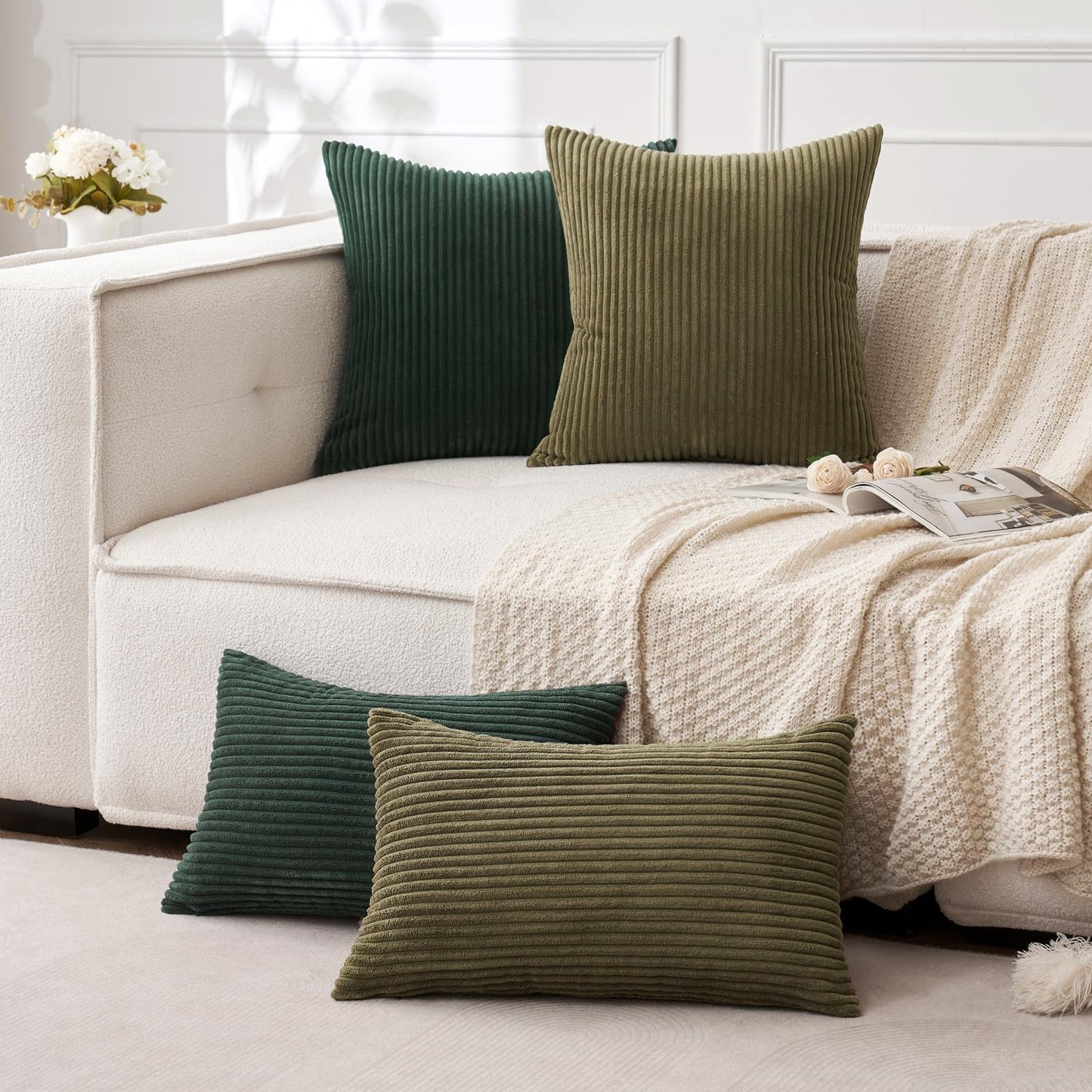MIULEE Decorative Corduroy Pillow Covers Soft Solid Pack of 2 Cushion Cases Boho Square Throw Pillow Covers Army Green Pillowcases for Couch Chair Sofa Bed Living Room Home Decor 18 x 18 Inch