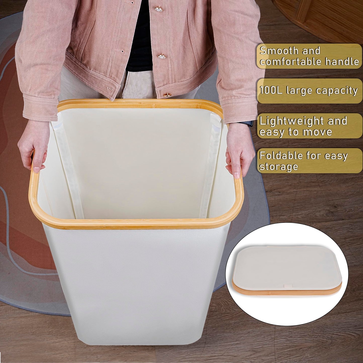 Merkisa 100L Laundry Hamper with Lid, Lagre Basket with Bamboo Handles,Foldable Clothes Hamper Tall Dirty Laundry Basket for Clothes Toys Towels Organizing,Beige
