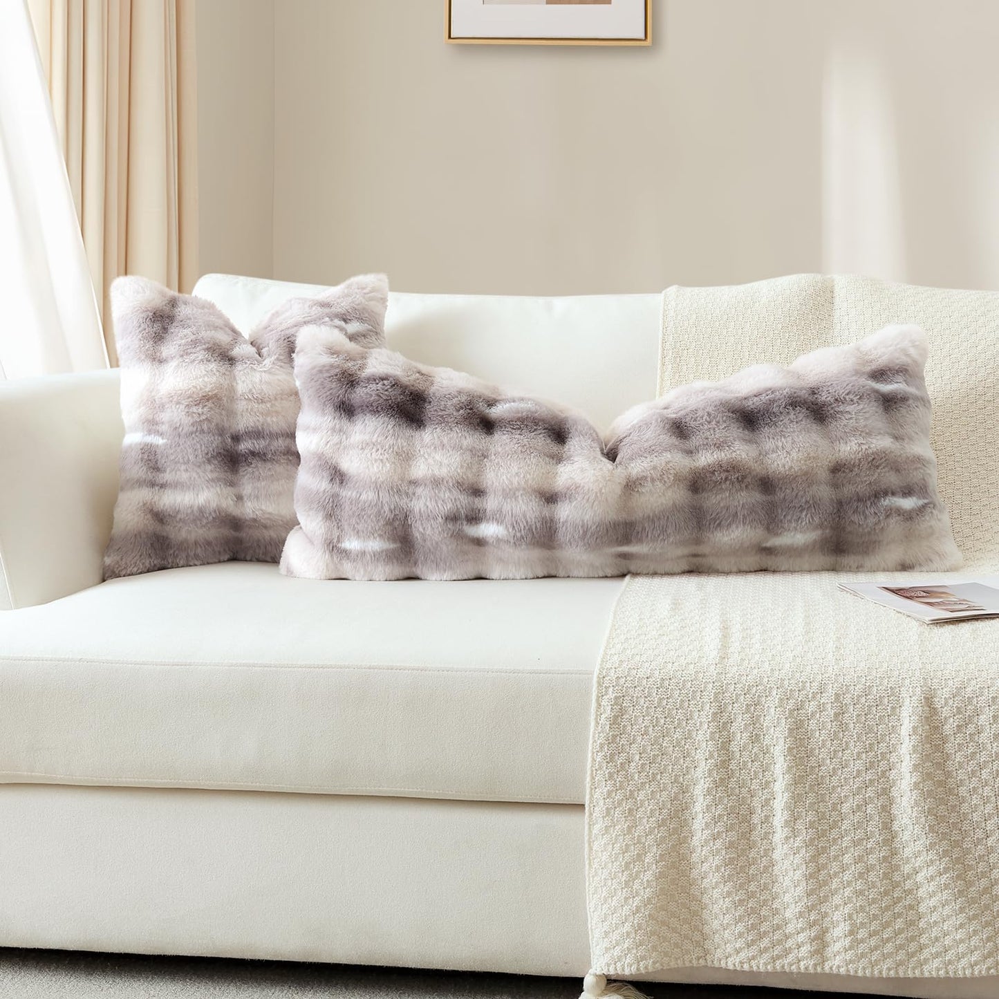 OTOSTAR Set of 1 Plush Throw Pillow Cover 14x36 Inch Soft Decorative Fluffy Faux Fur Pillowcase Cushion Cover for Couch Sofa Bedroom (Grey Taupe)