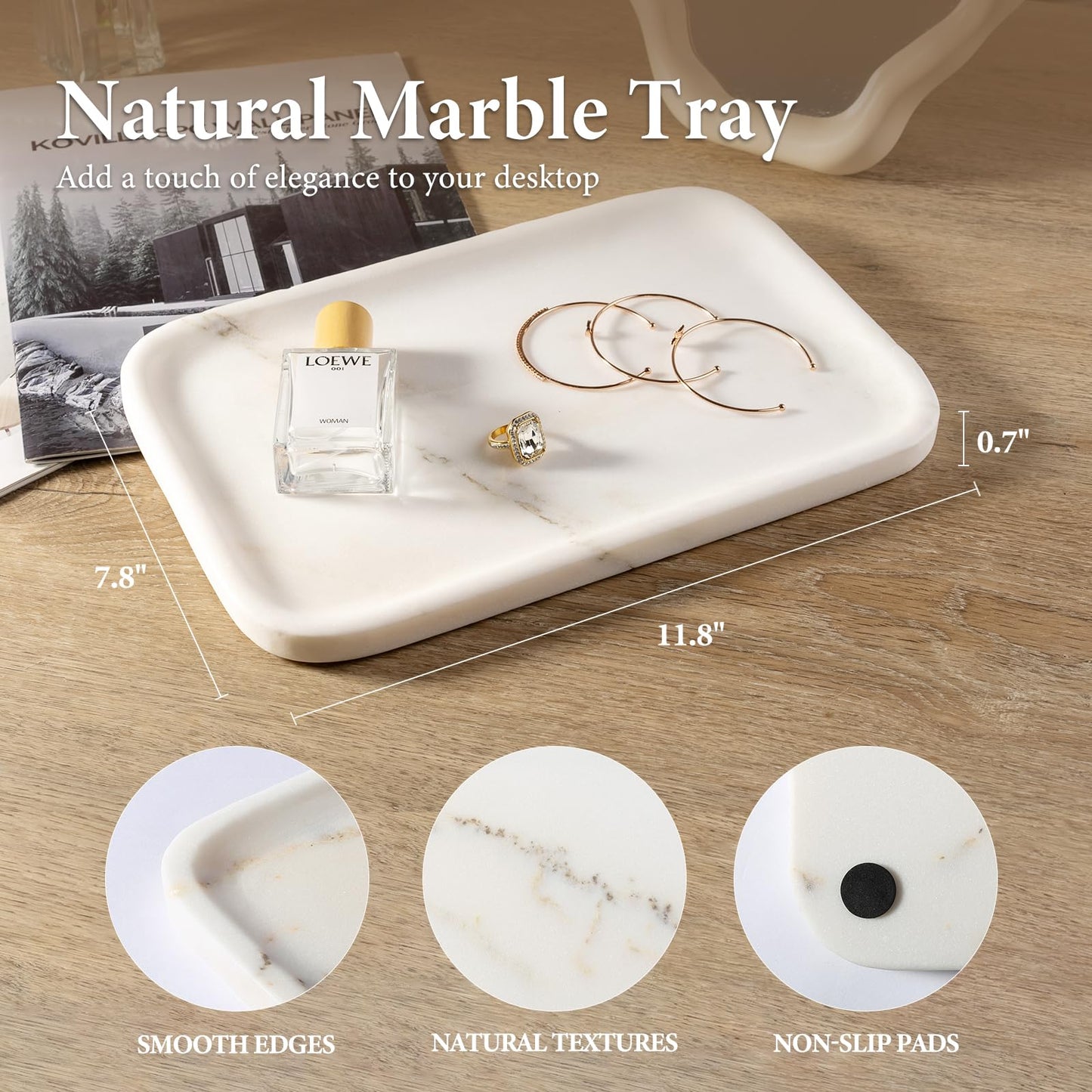 Koville Marble Tray, 12"x8" Marble Vanity Tray for Countertop Bathroom Kitchen Dresser, Decorative Catchall Trays for Perfume Jewelry, Rectangular Stone Serving Tray(Oriental Calacatta