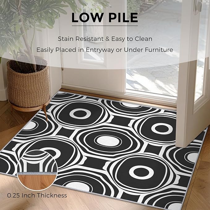 Black and White Geometric Rugs for Home Decor, 5x7 ft, Ring Circle Area Rugs for Living Room, Soft Non Slip Washable Modern Abstract Carpet Bedroom Decorations Dt-Ghf-31