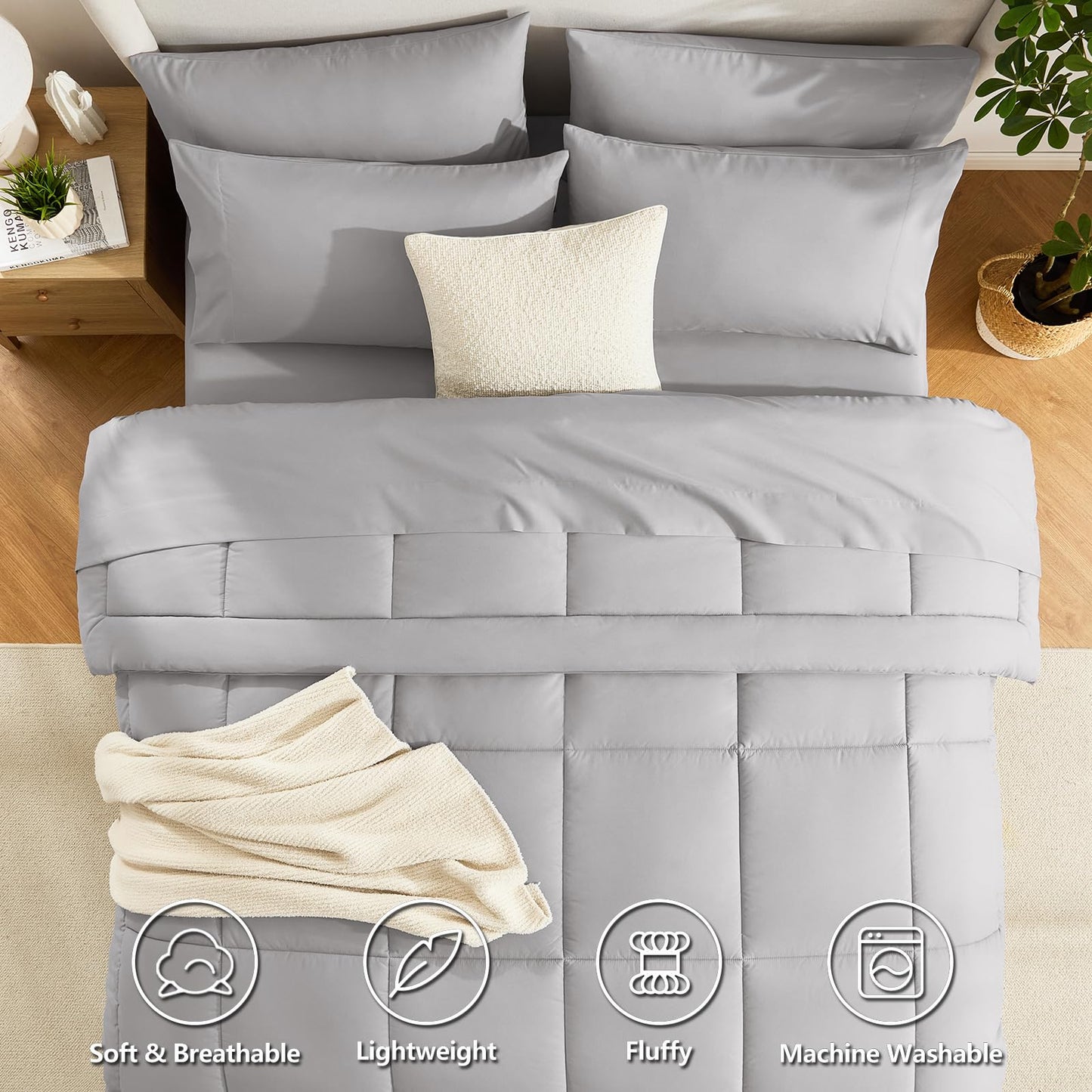 CozyLux Queen Comforter Set French Grey, 7 Pieces Bed in a Bag, Gray Comforters Queen Size, All Season Bedding Sets with Stitch Quilted Comforter, Flat Sheet, Fitted Sheet, Pillowcases