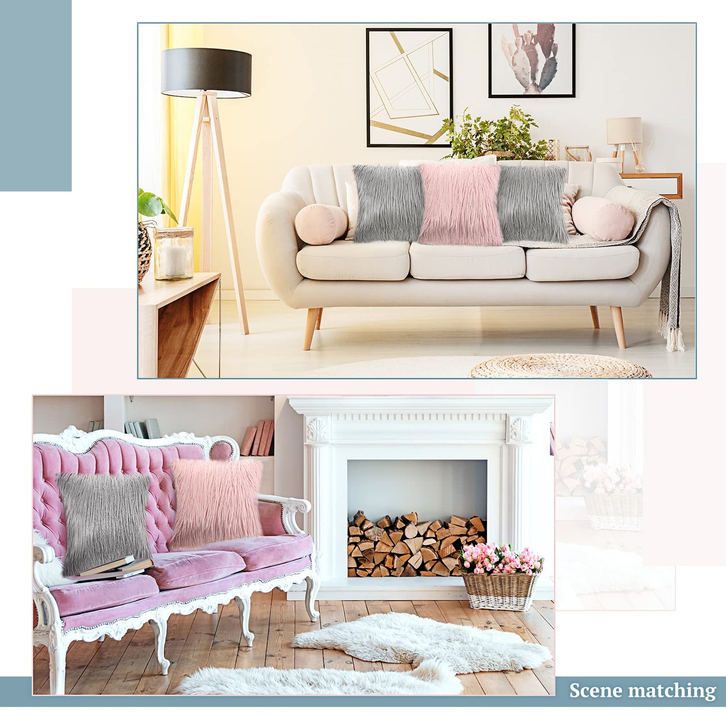 Irenare 4 Pack Faux Fur Throw Pillow Covers Square Cushion Cover Fuzzy Pillow Case Soft Decorative Pillowcase for Sofa, Couch, Chair, Bed, 16 x 16 Inch (Pink, Gray)