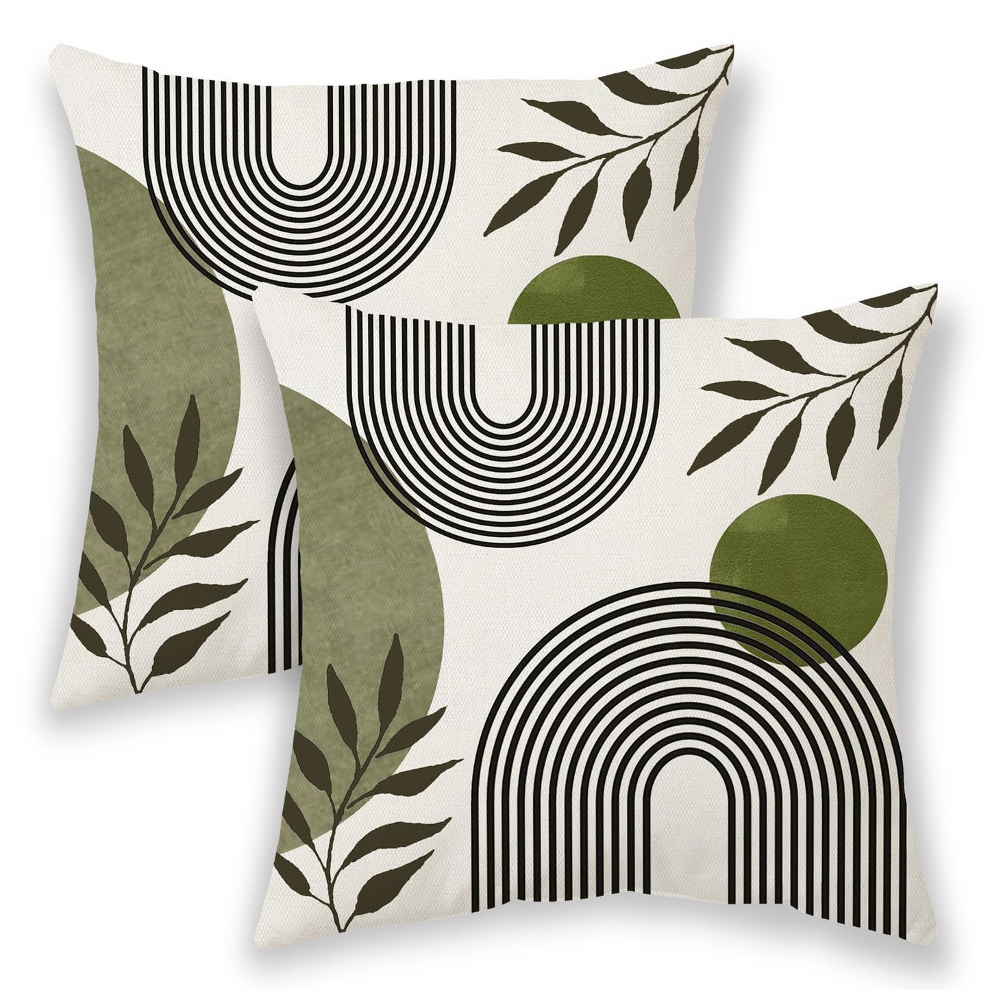 Boho Summer Pillow Covers 18x18 Inch 2 Pcs, Sage Green and Tropical Leaf Outdoor Decorative Throw Pillows, Mid Century Abstract Art Farmhouse Decor Pillowcase Linen Cushion Cover for Couch Sofa