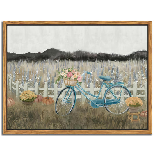 Floating Framed Canvas Wall Art, Vintage Blue Bicycle Flower Basket Wall Decor, Country Nature Landscape Wildflower Poster Print Paintings for Bathroom Living Room Bedroom Home Decor 12x16 inch