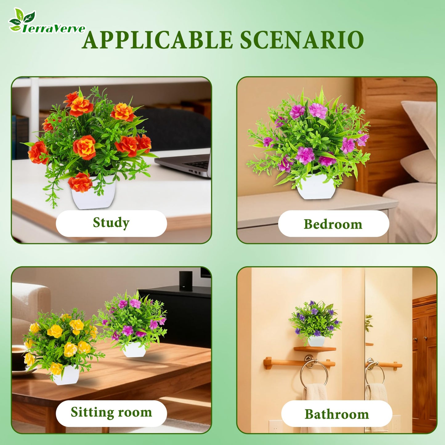 TerraVervre Fake Plants 4 Packs,Small Artificial Plants with Flowers, for Bathroom, Office,Home,Conference Table Decor, Indoor Desk Décor