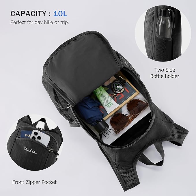 Uselike 10L Small Hiking Backpack Travel Daypack Lightweight Packable Back Pack for Women Men(Black)