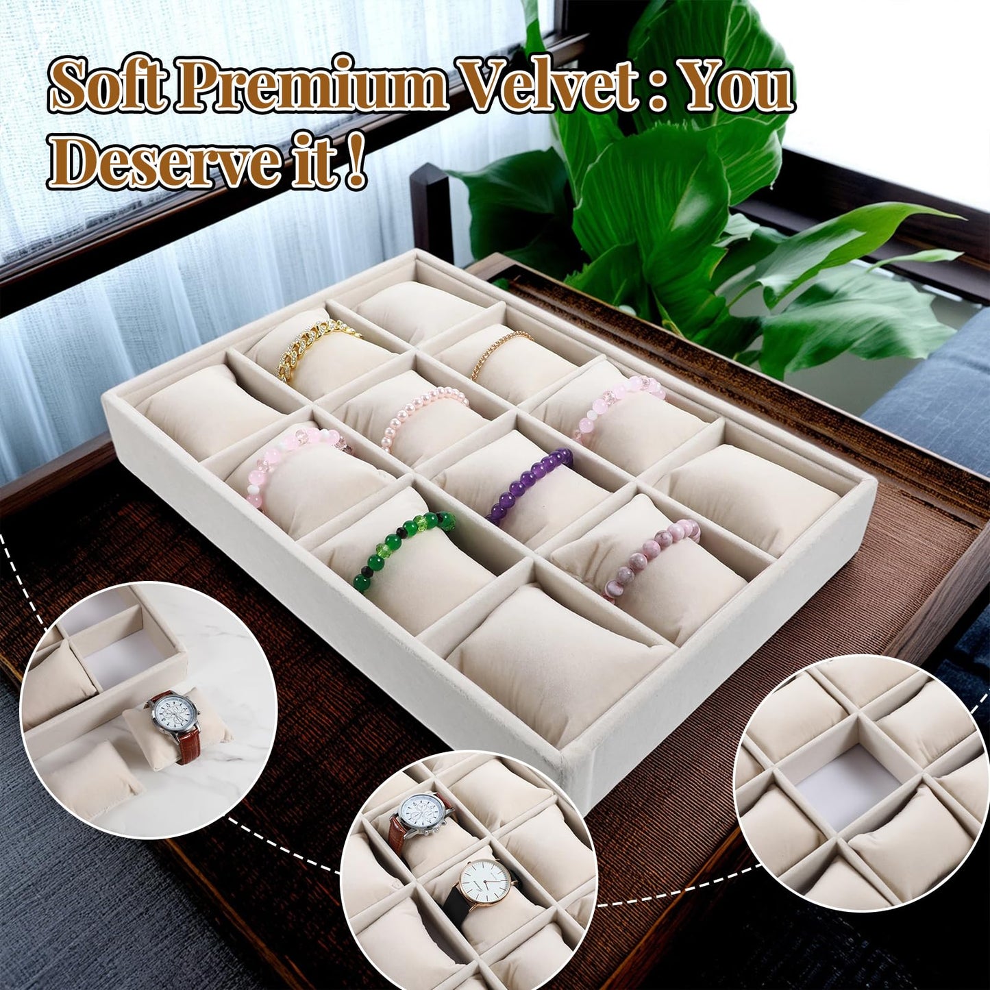 Nodaaiie 2 Pcs Beige Velvet Jewelry Organizer Watch Tray Box 12 Grid Stackable Bracelet Organizer with Adjustable Pillows for Men Women, Home Store Show