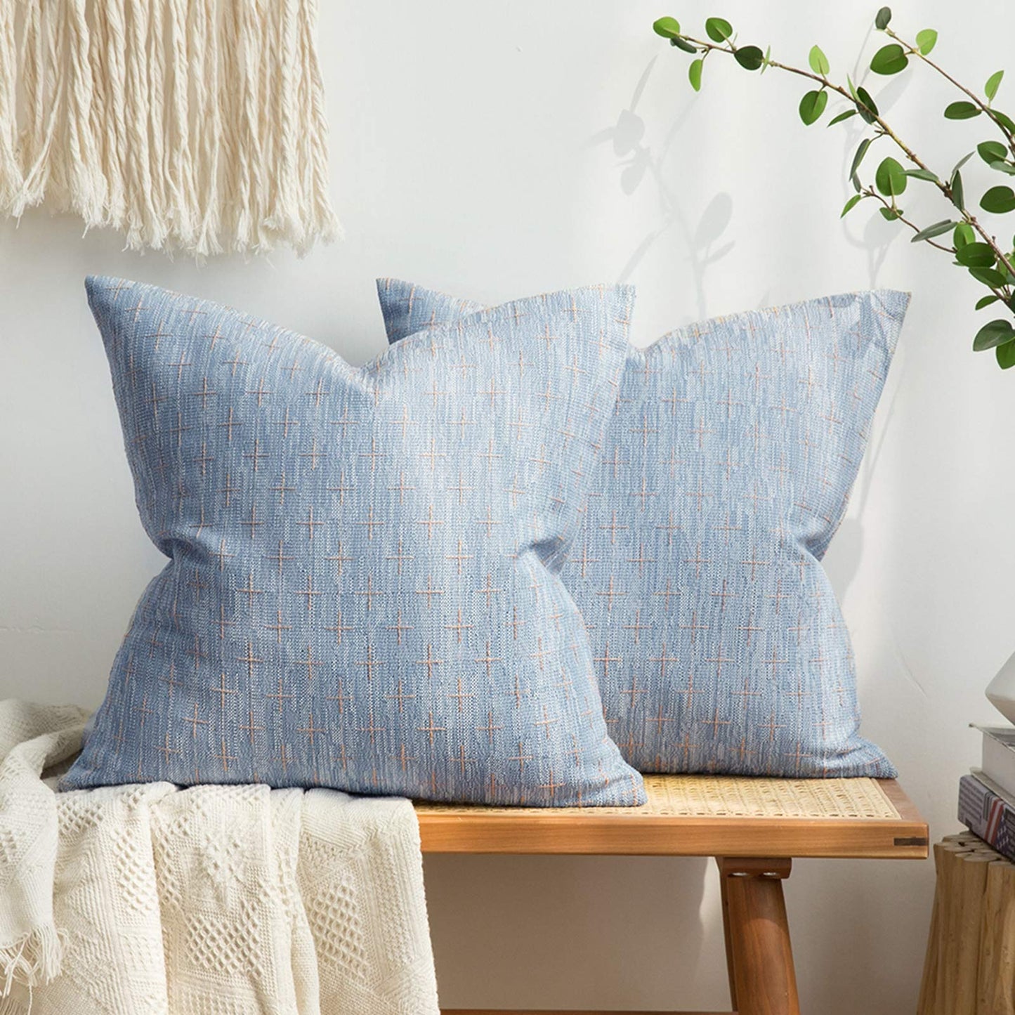 MIULEE Pack of 2 Decorative Burlap Linen Throw Pillow Covers Modern Farmhouse Pillowcase Rustic Woven Textured Cushion Cover for Sofa Couch Bed 20x20 Inch Light Blue