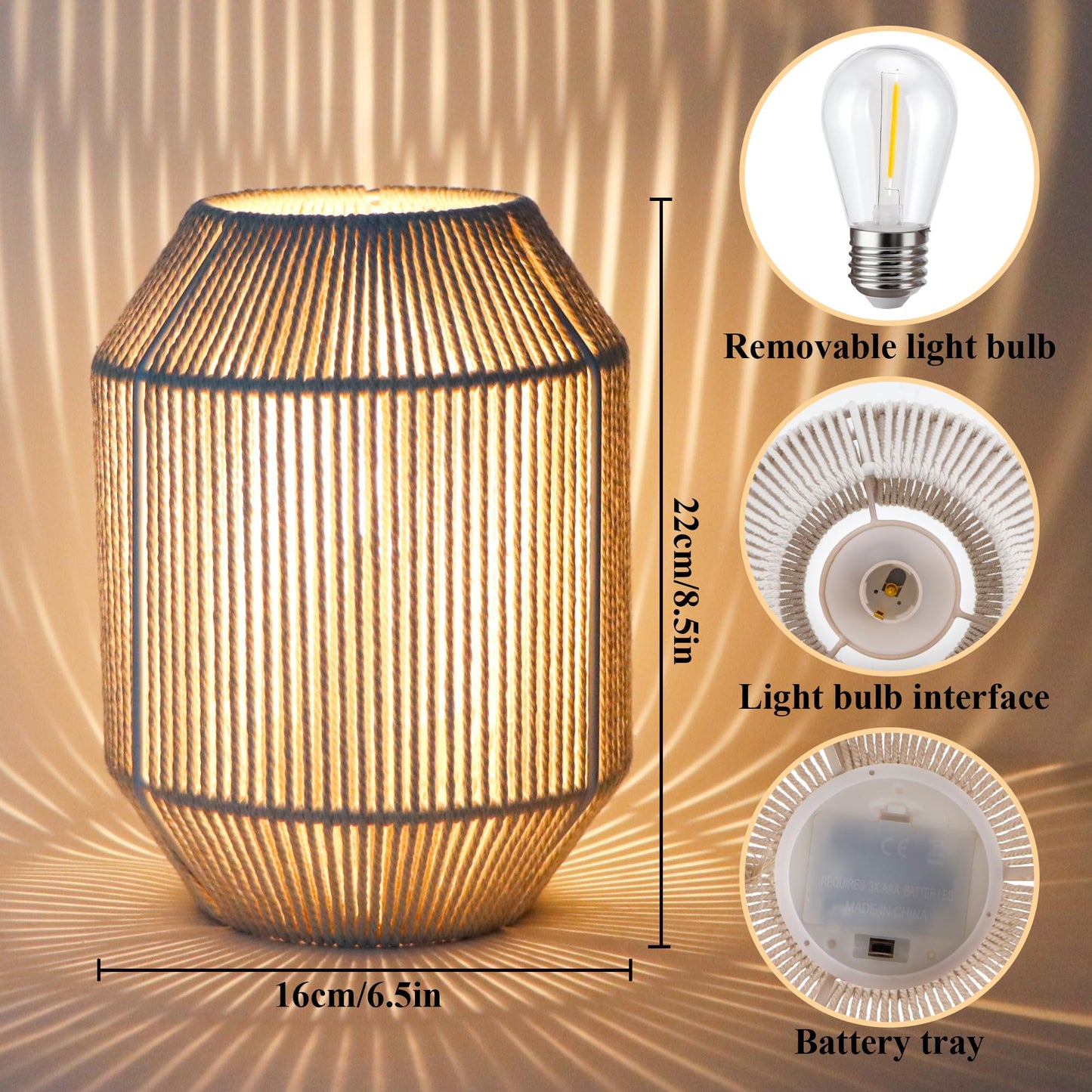 JHY DESIGN Set of 2 Woven Lampshade Table Lamps 8.5" H Cotton Rope Bedside ‌Light‌s Cordless Decorative Battery Operated Lamps with 6 Hours Timer for Bedroom Living Room Weddings Parties Patio