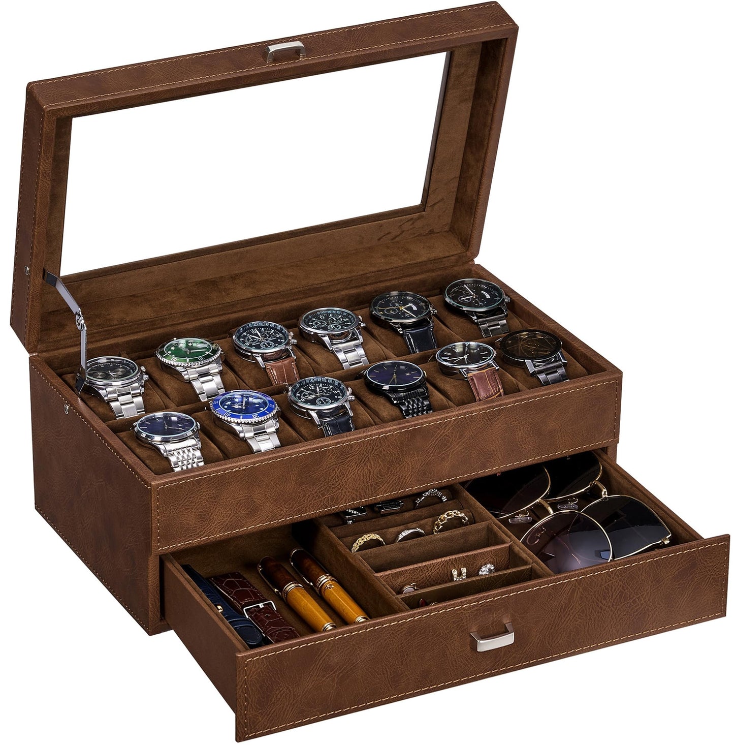 BEWISHOME Watch Box 12-Slot, Watch Case with Large Glass Lid