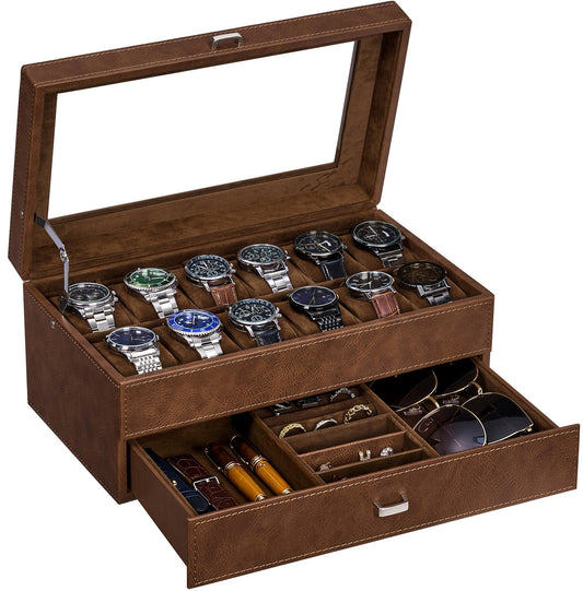 BEWISHOME Watch Box 12-Slot, Watch Case with Large Glass Lid