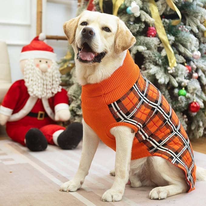 PUPTECK Dog Sweaters for Large Medium Small Dogs - Fall Classic Plaid Style Puppy Holiday Winter Coat Clothes Warm, Reddish Orange, SM