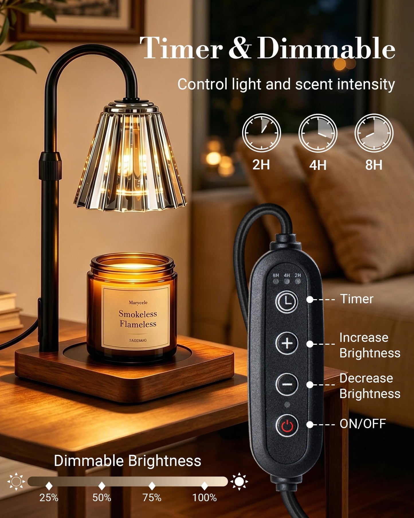 Marycele Vintage Candle Warmer Lamp with Timer Dimmer, Adjustable Height