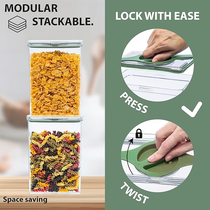 Prestoor 4-Pack Airtight Pantry Containers, 1.9 QT / 1.8 L Clear Food Storage Jars with Leakproof Twist-Lock Lids, Detachable Lid for Easy Cleaning, Cereal, Pasta, Rice, Oats, Snack Storage -Black