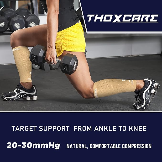 Thoxcare Calf Compression Sleeve for Men Women (2 Pairs), Leg Support Footless Compression Socks for Running - Shin Splint Varicose Veins Swelling & Pain Relief, Beige/White, X-Large