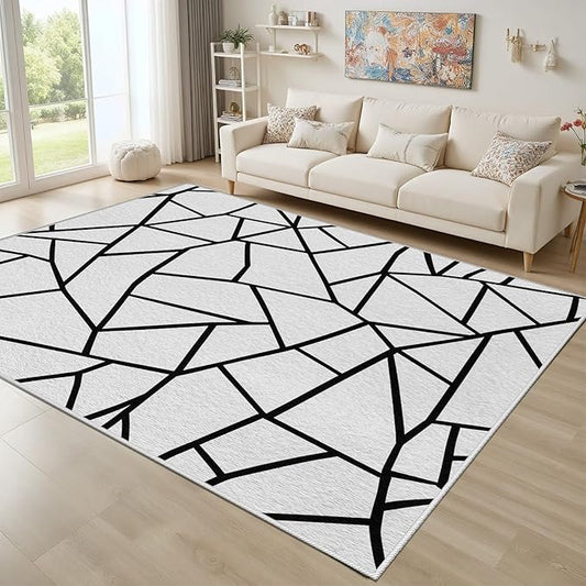 White and Black Rug - Black and White Rug, Geometric Area Rugs 5x6, Modern Abstract Rugs for Living Room Bedroom, Irregular Polygon Carpet Washable Non Slip Home Decor