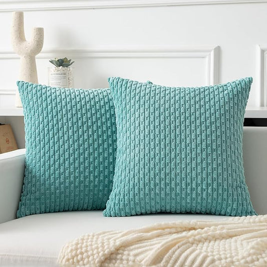 Kevin Textile Throw Pillow Covers Soft Corduroy Decorative Set of 2 Boho Striped Pillow Covers Pillowcases Farmhouse Home Decor for Couch Bed Sofa Living Room 20x20 Inch Aqua Green
