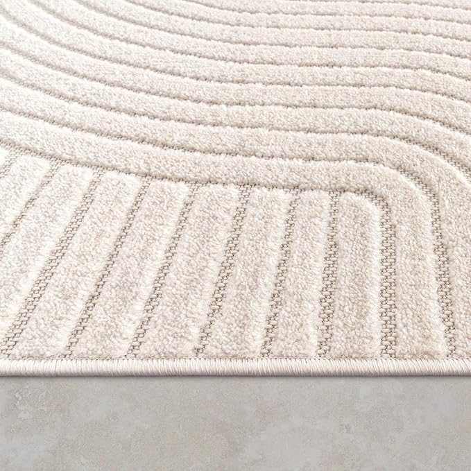 Paco Home Modern Area Rug with Raised Curved Line Pattern – Minimalist Design in Cream, Size: 2'8" x 8'2"