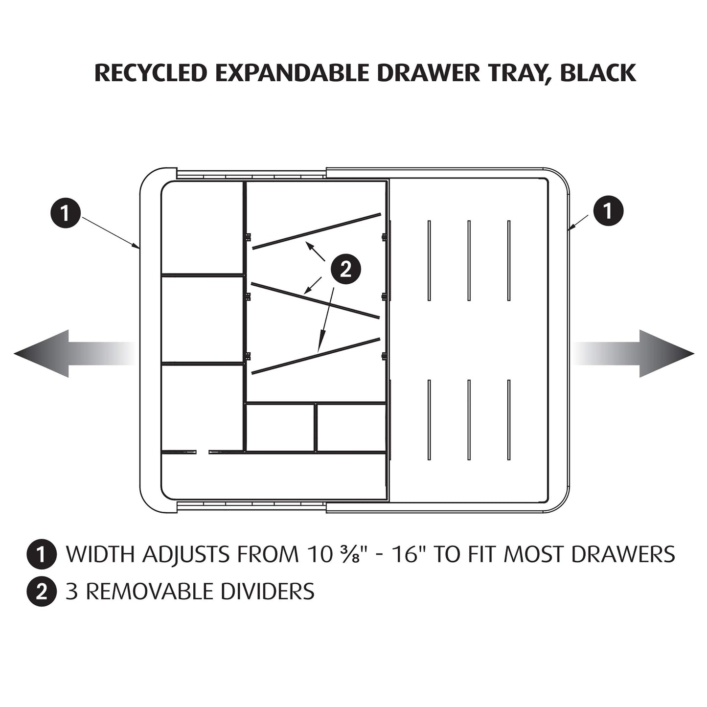 Officemate Expandable Drawer Organizer Tray, Adjustable 10.3"–16" Width, Customizable Compartments with Dividers, Recycled Plastic, Black