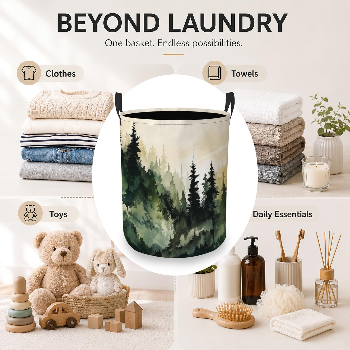 Misty Forest Laundry Basket Oxford Cloth Laundry Hamper With Handle Foldable Portable Clothes Storage Basket Storage Bag For Laundry Room/Bathroom/Bedroom/Dormitory 20.8"x16"