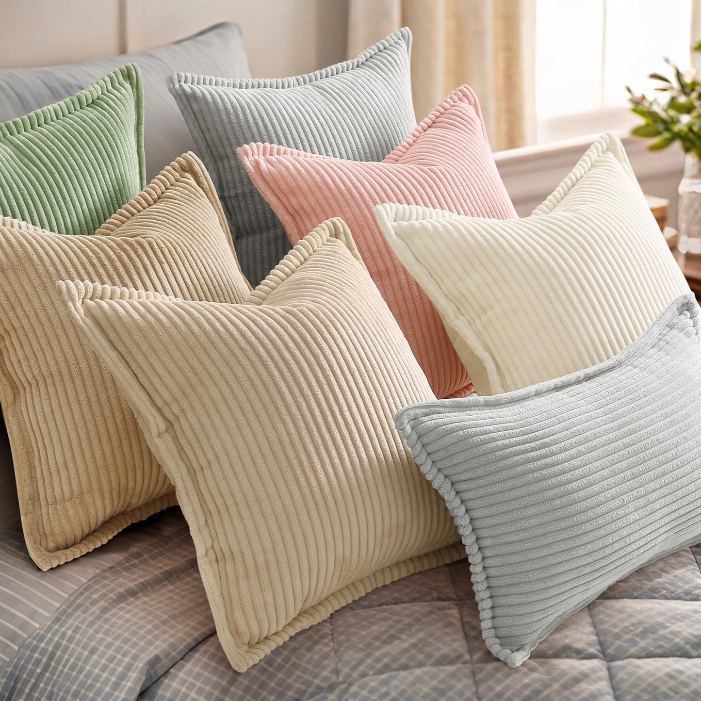 decorUhome Summer Corduroy Cream White Euro Sham Throw Pillow Covers 22x22 Set of 2 Decorative Soft Boho Farmhouse Couch Pillow Covers for Living Room Bed Sofa Broadside Striped Pillow Cases