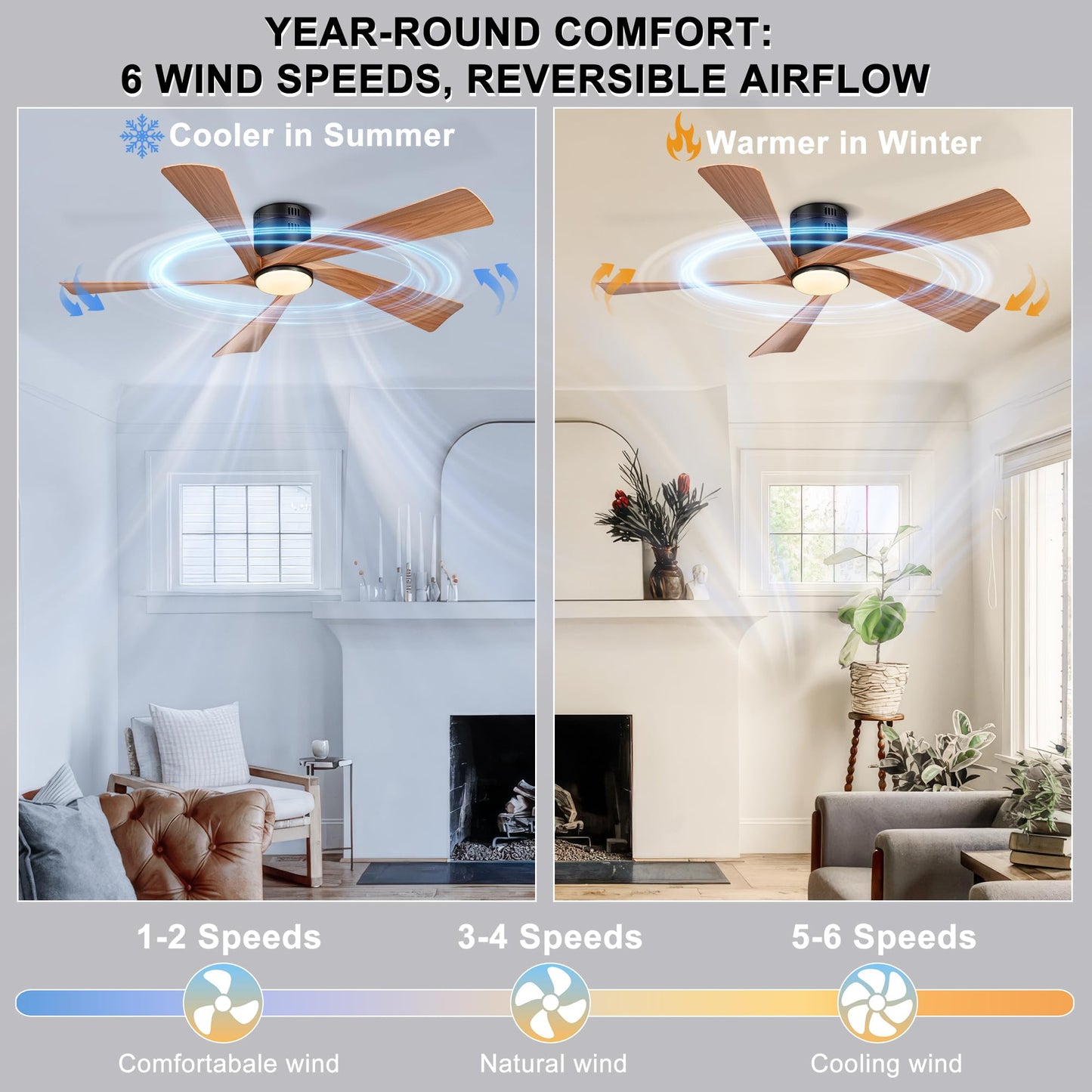 Ohniyou 52” Flush Mount Farmhouse Ceiling Fan with Lights, Remote & APP Control Low Profile Indoor Outdoor Ceiling Fans, Dimmable, Quiet DC Motor, Reversible, Black+Wood Color