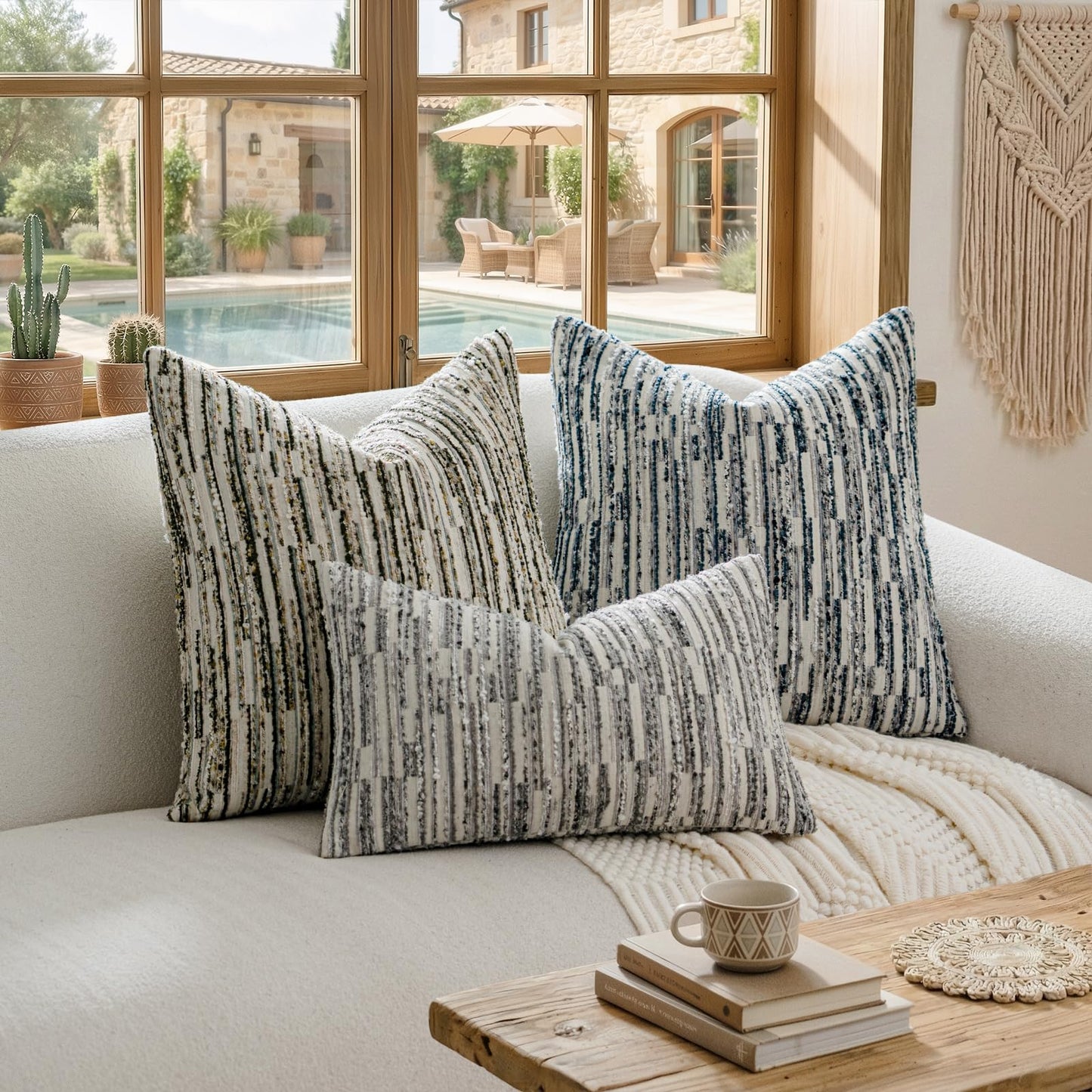 a moment Boho Throw Pillow Covers Set of 2,Striped Decorative Rustic Farmhouse Pillow Cases,Aesthetic Modern Home Decor Couch Cushion Covers for Bed Sofa Living Room 18"X18" Blue