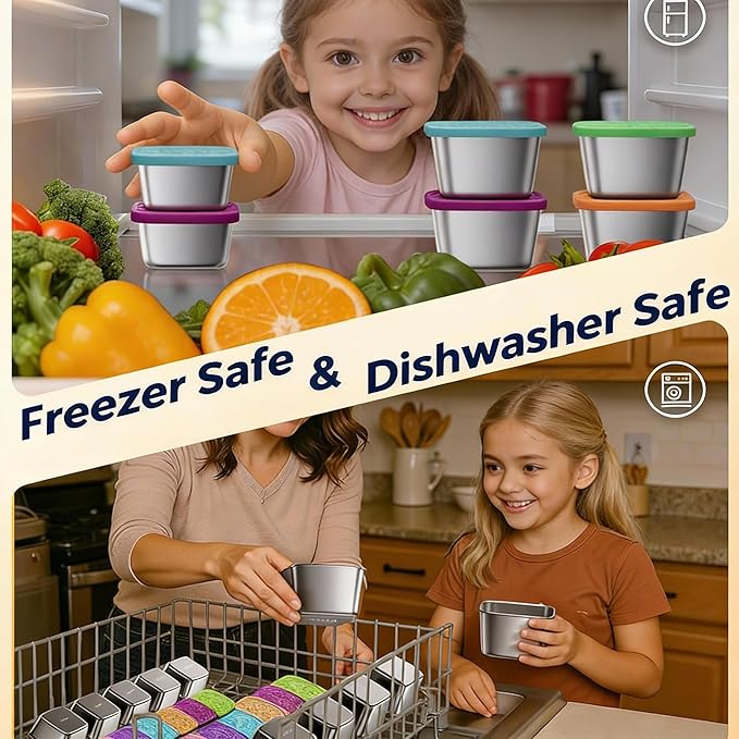 Dobyusf 12-Piece Stainless Steel Snack Container Set - Airtight Silicone Lid with Printed Design Sauce Containers, Multi-Use Food Storage for Salads, Dips, Snacks, Microwave & Dishwasher Safe