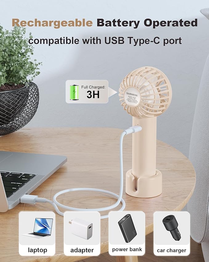 Coohea Mini Handheld Fan, Small Cute Design, 3 Powerful Speeds, USB Rechargeable Battery Operated, Personal Portable Fan with Base & Lanyard, for Eyelash Makeup Travel Beach Office Desk, Beige