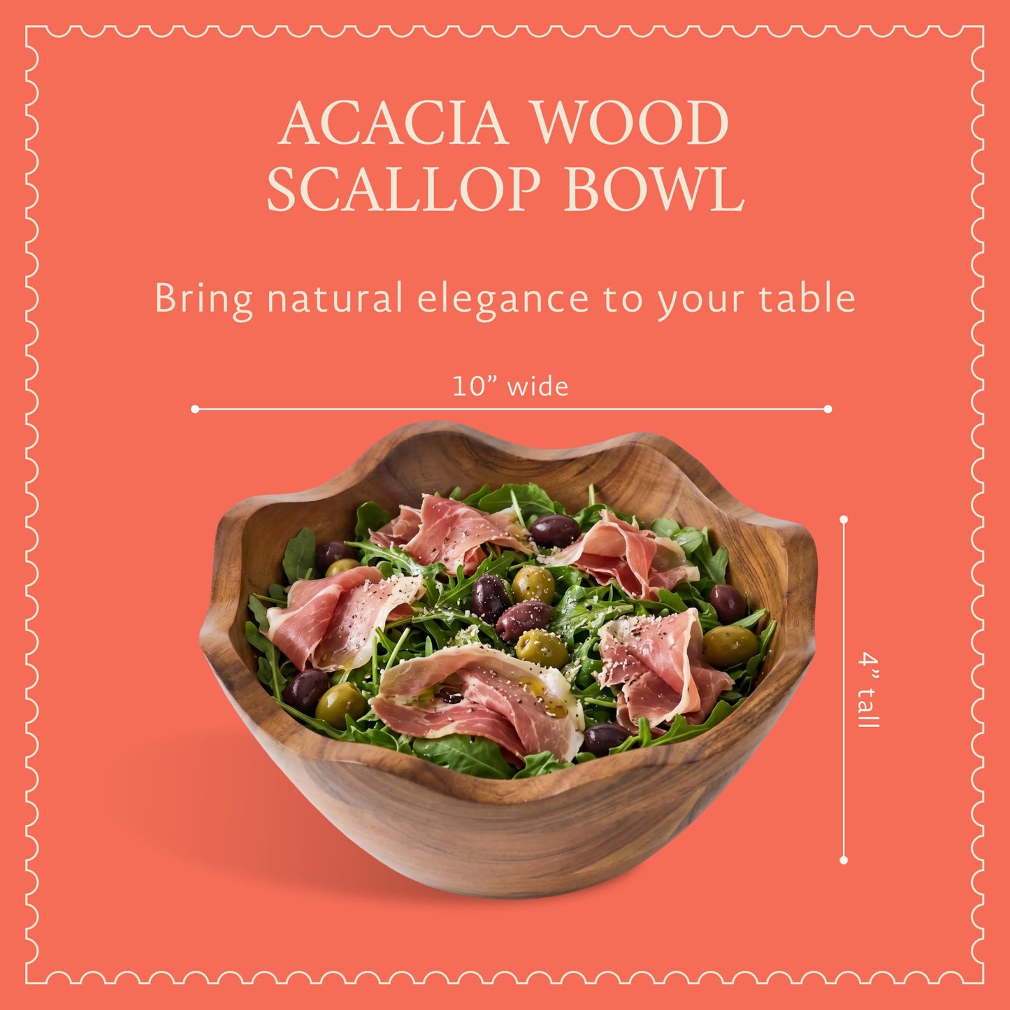 Mela Artisans 10 in Wide x 4 in Tall Scalloped Mango Wood Bowl – Hand-Carved Decorative Serving and Fruit Bowl with Visible Wood Grain for Kitchen Counter, Snacks, Bread and Home Decor