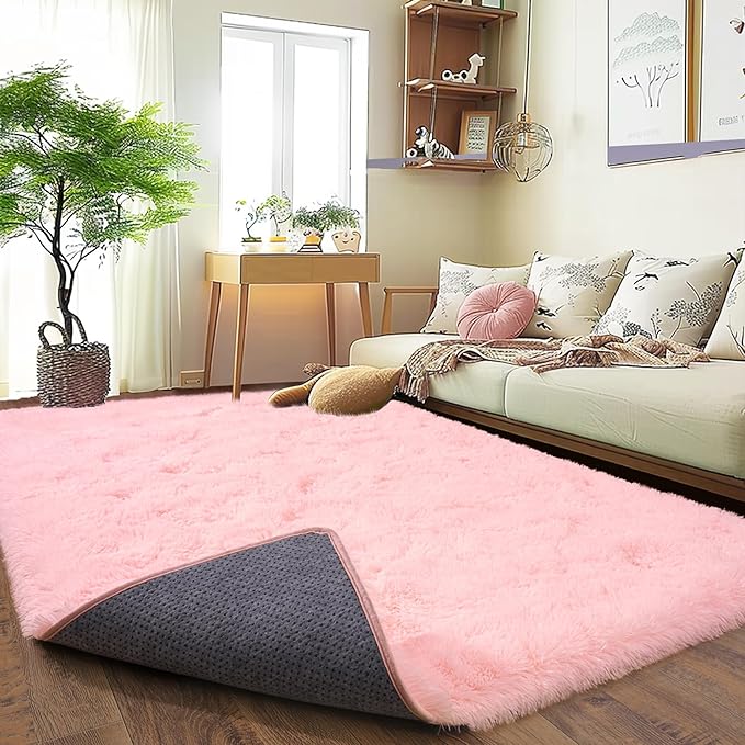Ultra Fluffy Area Rugs for Living Room Bedroom, 6x9 Fuzzy Large Living Room Rugs, Thick Shag Rug for Dorm, Soft Non Slip Kids Girls Boys Rug for Home Decor Aesthetic, Pink