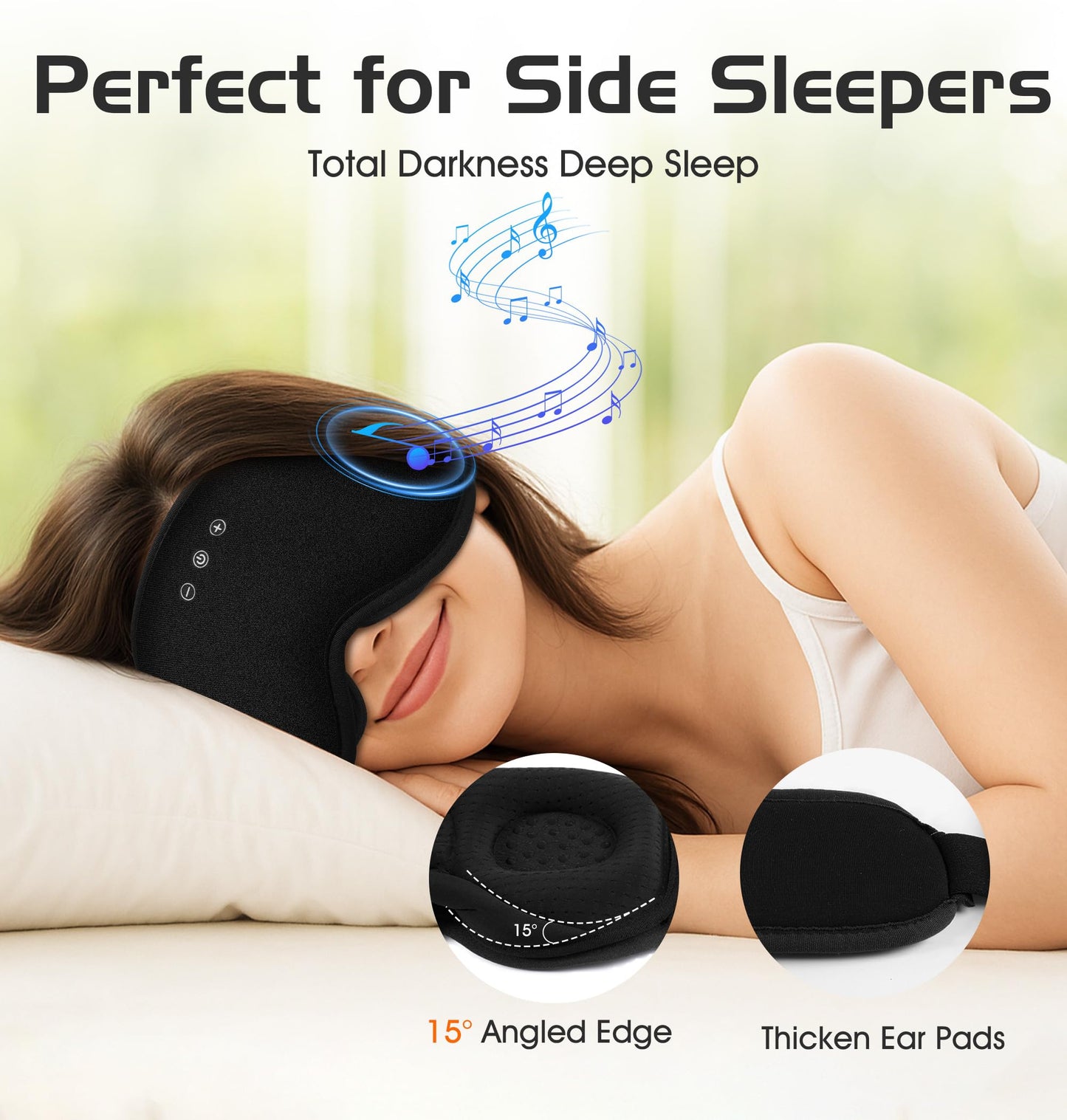 Bluetooth Sleep Mask with 2 Removable 3D Contoured Cup, Bamboo Cotton Bluetooth Sleep Headphones for Side Sleepers with Timming Setting, Blackout Eye Mask for Travel Meditation Men Women