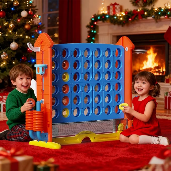 Giant Connect Game - Jumbo 4-to-Score Giant Set with 42 Jumbo Rings,Row Board Game 4 - Connect with Basketball Hoop, Perfect for Kids, Family and Party Floor Games