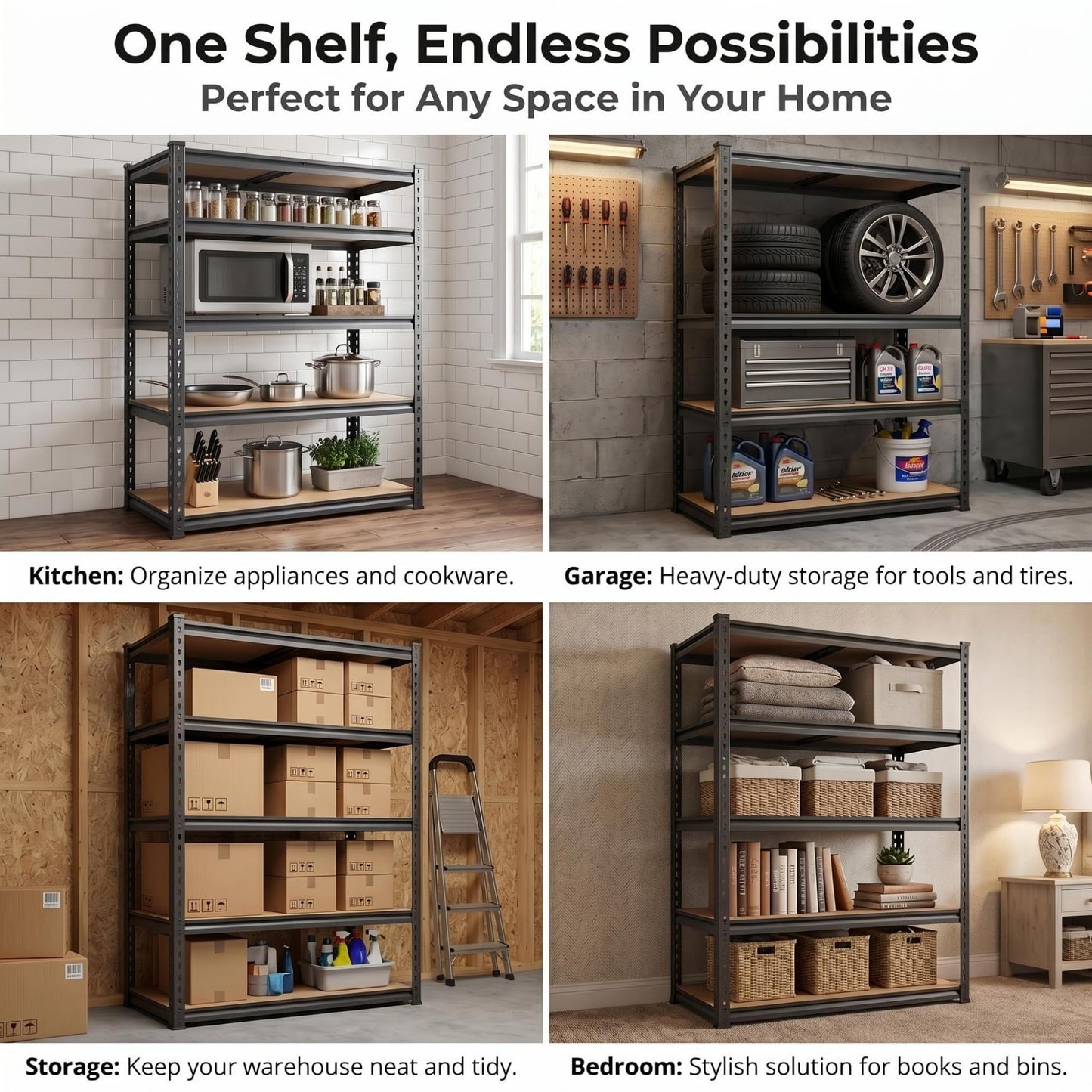 Lionhon Shelving Unit, 2850LBS Heavy Duty Metal Shelves for Storage, 5-Tier Adjustable Boltless Storage Rack for Kitchen Garage Warehouse Pantry, 36" Wx16 Dx72 H, Black