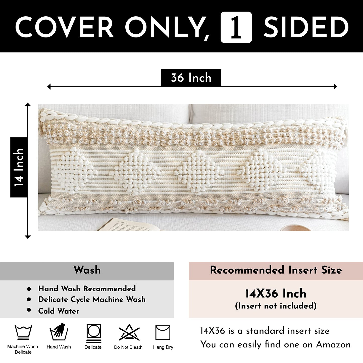 BlissBlush Cream Decorative Lumbar Throw Pillow Cover 14x36 Boho Long Cushion for Bed Neutral Beige White Accent Modern Farmhouse Pillowcase for Bedroom Living Room Couch Sofa Home Décor Cover ONLY