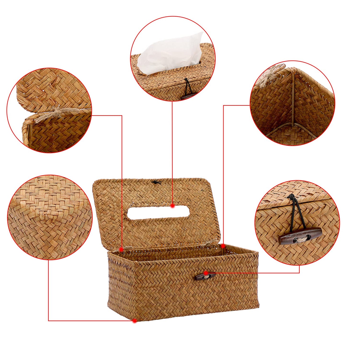 Sumnacon Tissue Box Cover Rectangle Tissue Box Seagrass Tissue Box Holder Woven Tissue Holder Decorative Tissue Cover for Bathroom Tissue Box Cover Rectangular for Home Office Table Caramel