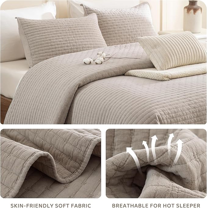 Sanracie Cotton Quilt Set King Size(110"x98"), Linen Colored Ultra Soft Stonewashed Crinkle Quilt Bedspread Set 3Pcs Cross Stitch Pattern Lightweight Breathable Bed Coverlet Set for All Season