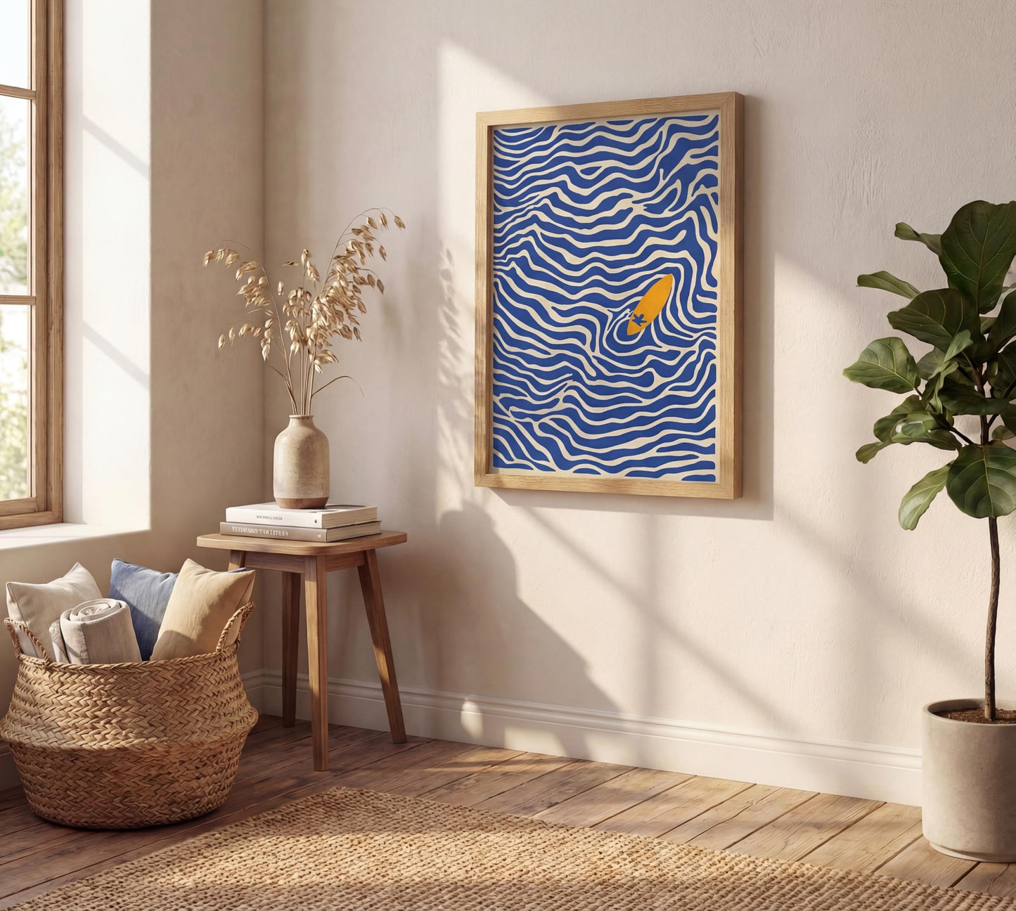 Framed Abstract Ocean Wave Wall Art 8x10 Coastal Wall Decor Picture Modern Minimalist Surfboard Print Beach Theme Picture for Bathroom Bedroom Living Room Ready to Hang Natural Wood Frame