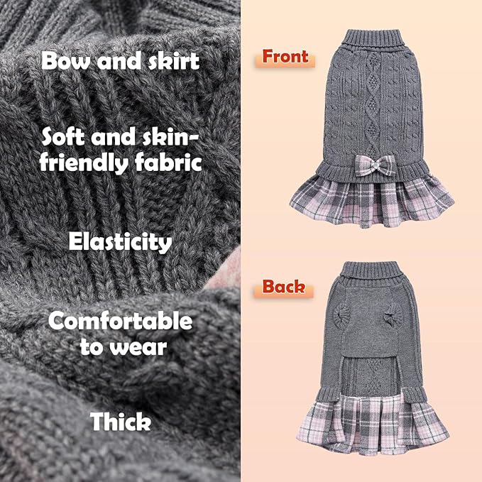 YUDODO Small Dog Sweater Dress with Bowtie Turtleneck - Knitted Pet Girl Dog Winter Clothes - Pet Warm Sweater for Puppy Yorkies, Chihuahua (XL Grey)