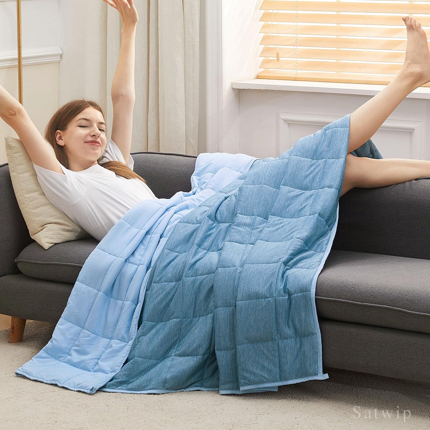 Satwip Cooling Weighted Blanket 15 lbs Cool Moire Jersey Bed Blanket Twin Size for Hot Sleeper with Soft Breathable Sanded, 48 x 72 inches, Blue