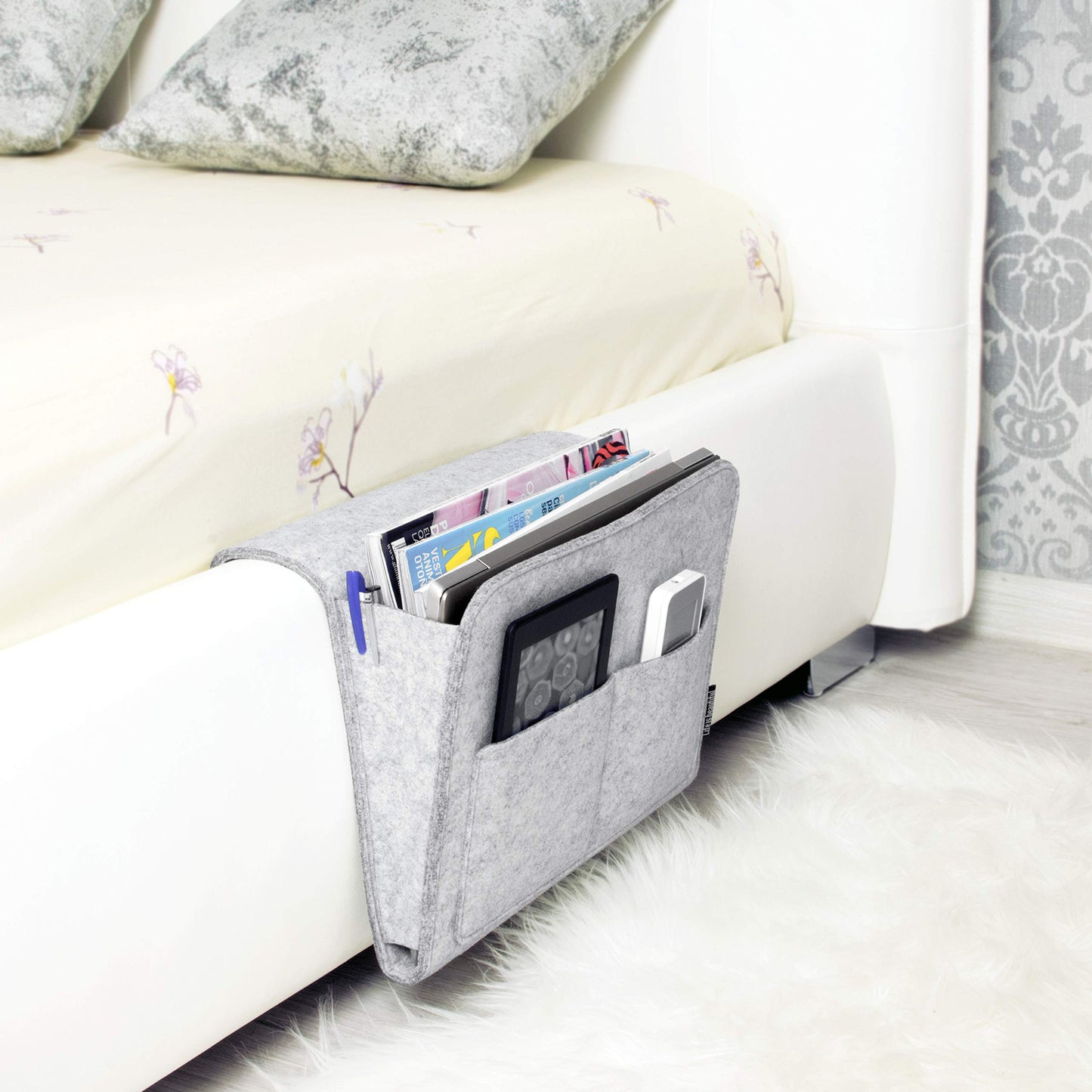 Lib Bedside Caddy, Original Design | Large Size 9.5" x 13.5" | Laptop Holder | 100% Handmade | College Room, Kids Bunk Bed, Hospital Bed | Night Hanging Storage Organizer (Light Gray)