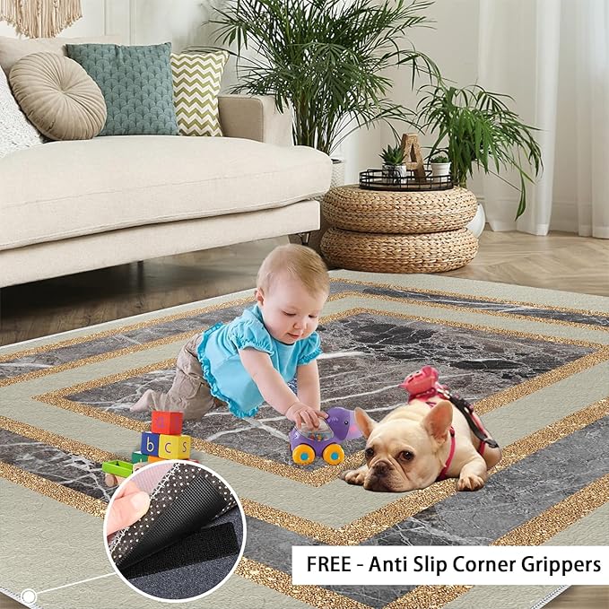 Light Luxury Marble Area Rugs Gilded Stripe Geometry Area Carpet Abstract Marble Texture Rug Stone Crack Carpet for Living Room Study Bedroom 4x5ft