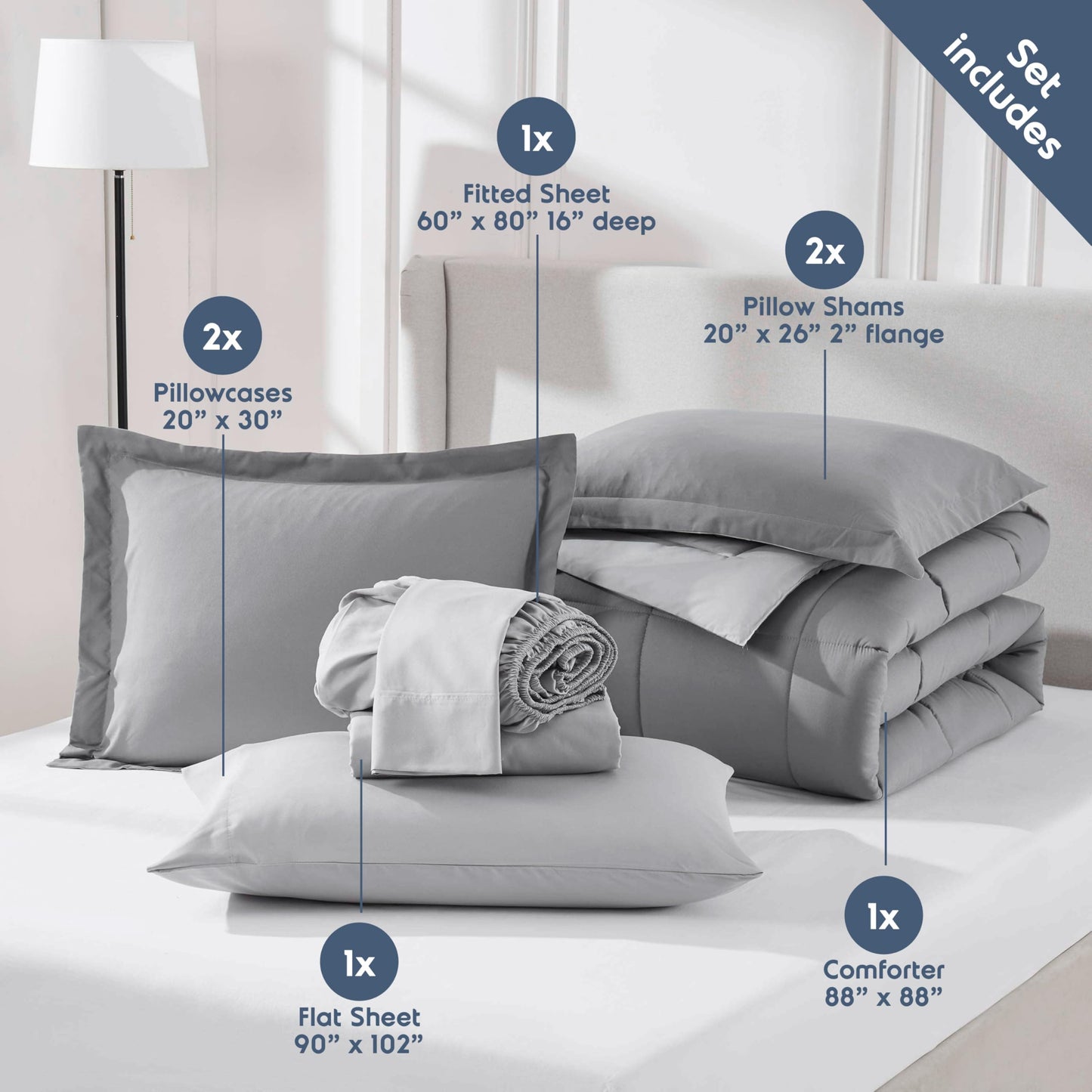 Nestl 7 Piece Queen Comforter Set – Grey Reversible Bed in a Bag – Complete Queen Size Bedding Set with Sheets, Pillowcases and Shams