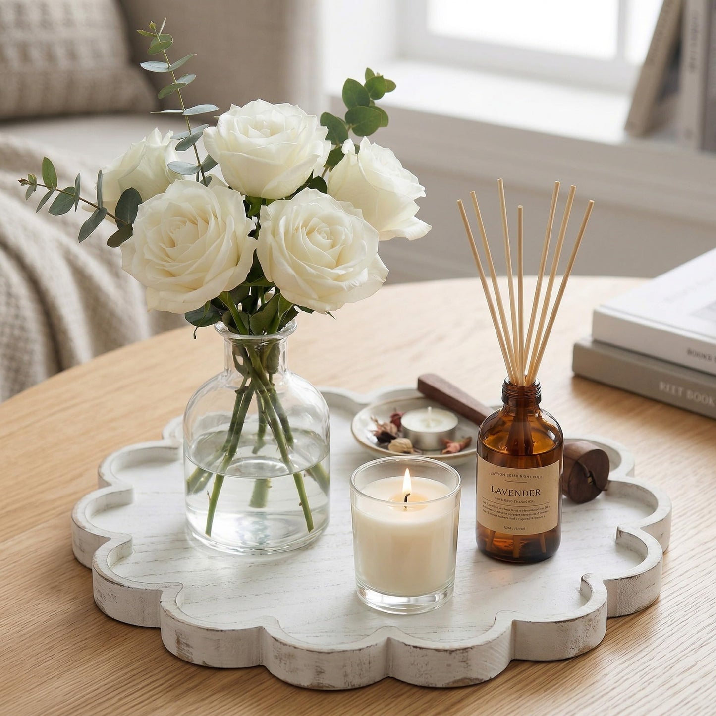 BreezeHug White Decorative Serving Tray Wood 12.6 Inch Scalloped Serving Tray Round Wooden Display Plate with Scalloped Borders for Coffee Table Living Room Bedroom Entryway Decoration