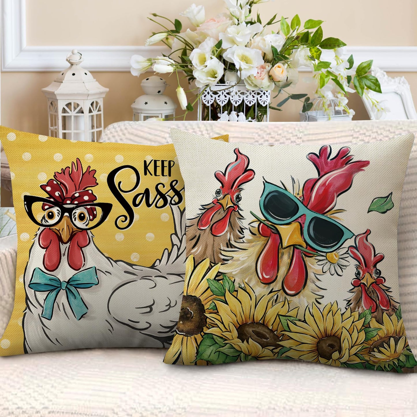 Fahrendom Funny Farm Animals Decorative Throw Pillow Covers 18x18 Set of 4, Spring Summer Rooster Sheep Donkey Sunflower Outdoor Pillowcase, Keep It Sassy Stay Awhile Fall Cushion Case Home Decor