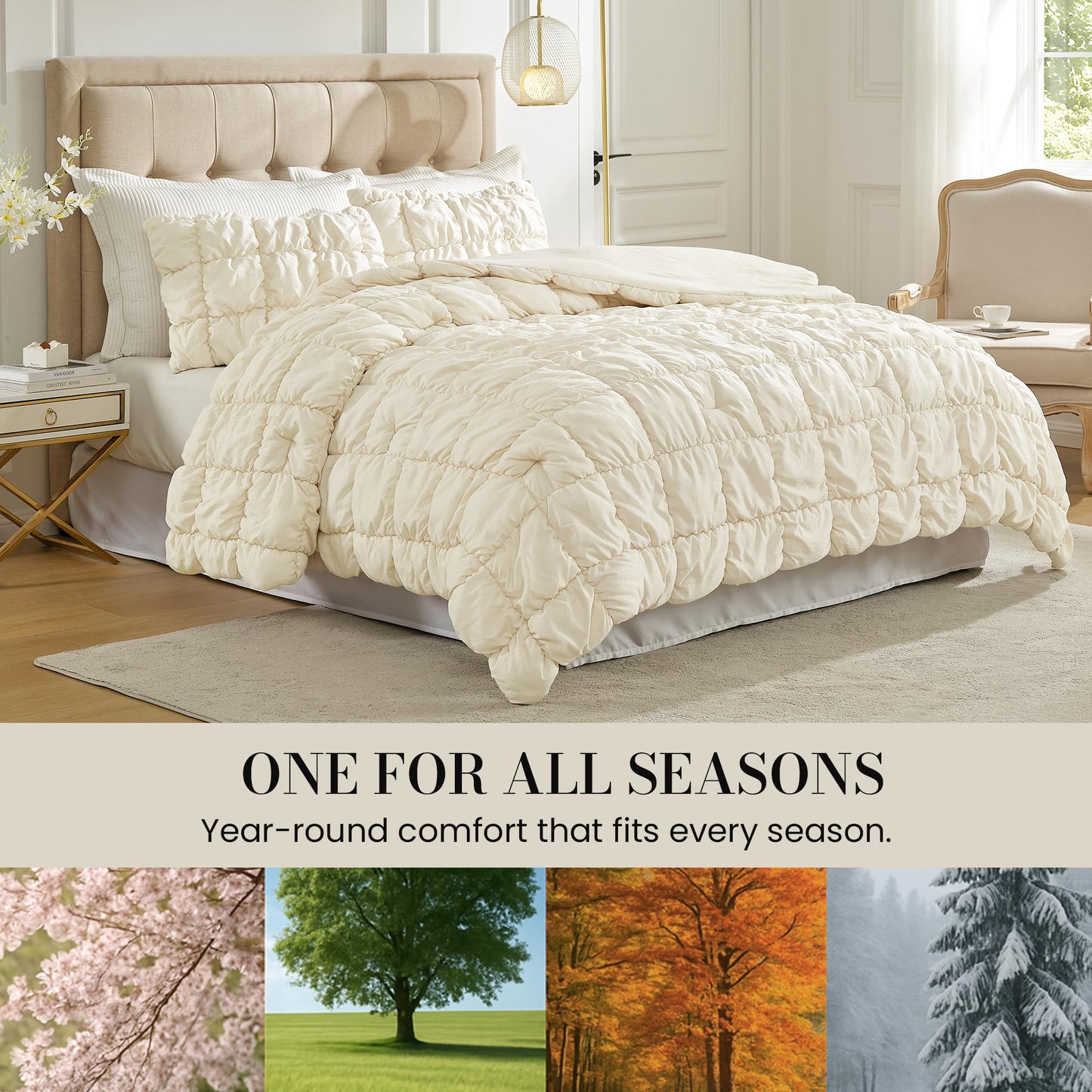 Amélie Home Luxury Queen Comforter Set, Bubble Textured Microfiber Bedding, Oeko-TEX Certified, All-Season Farmhouse Comforter with 2 Pillowcases, Beige
